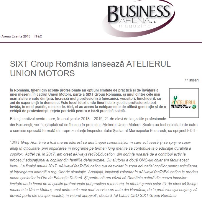 SIXT Group România lansează Atelierul Union Motors