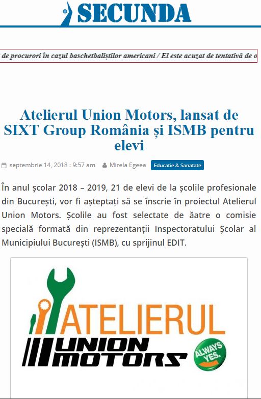 Atelierul Union Motors, lansat de SIXT Group Romania si ISMB pentru elevi